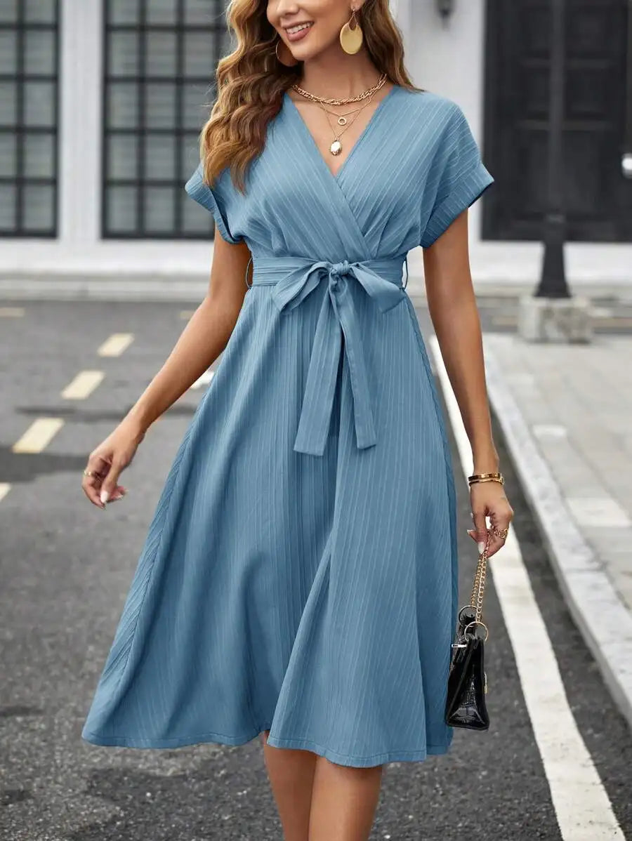 V-Neck Wrap Midi Dress with Self Belt, Short Sleeve, Solid Color, A-Line Fit