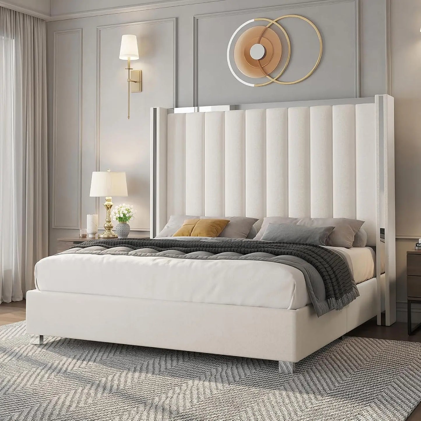 Velvet Upholstered Platform Bed Frame With Chrome Accents