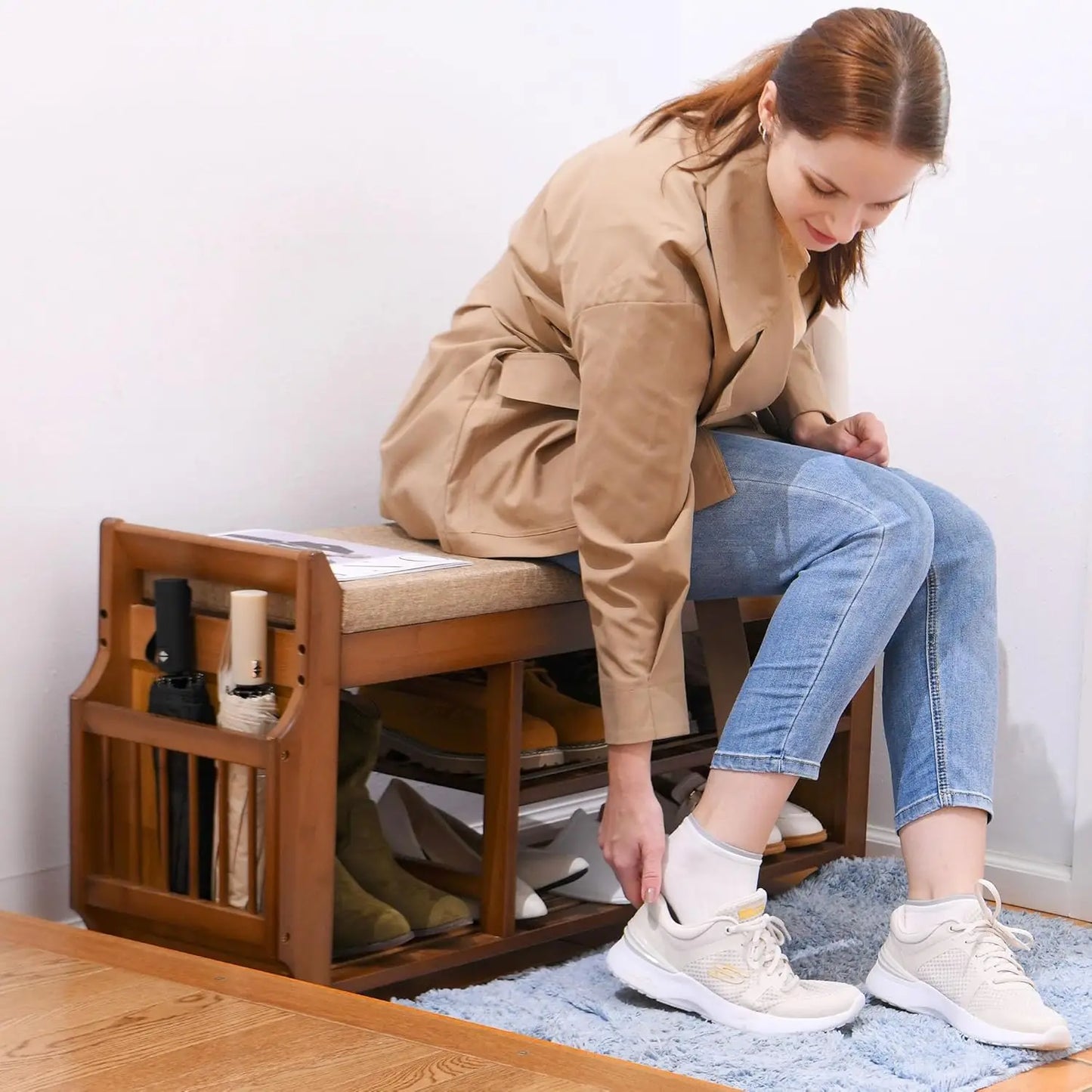 2-Tier Bamboo Shoe Bench with Hidden Drawer, Side Holder, and Cushion for Entryway Storage