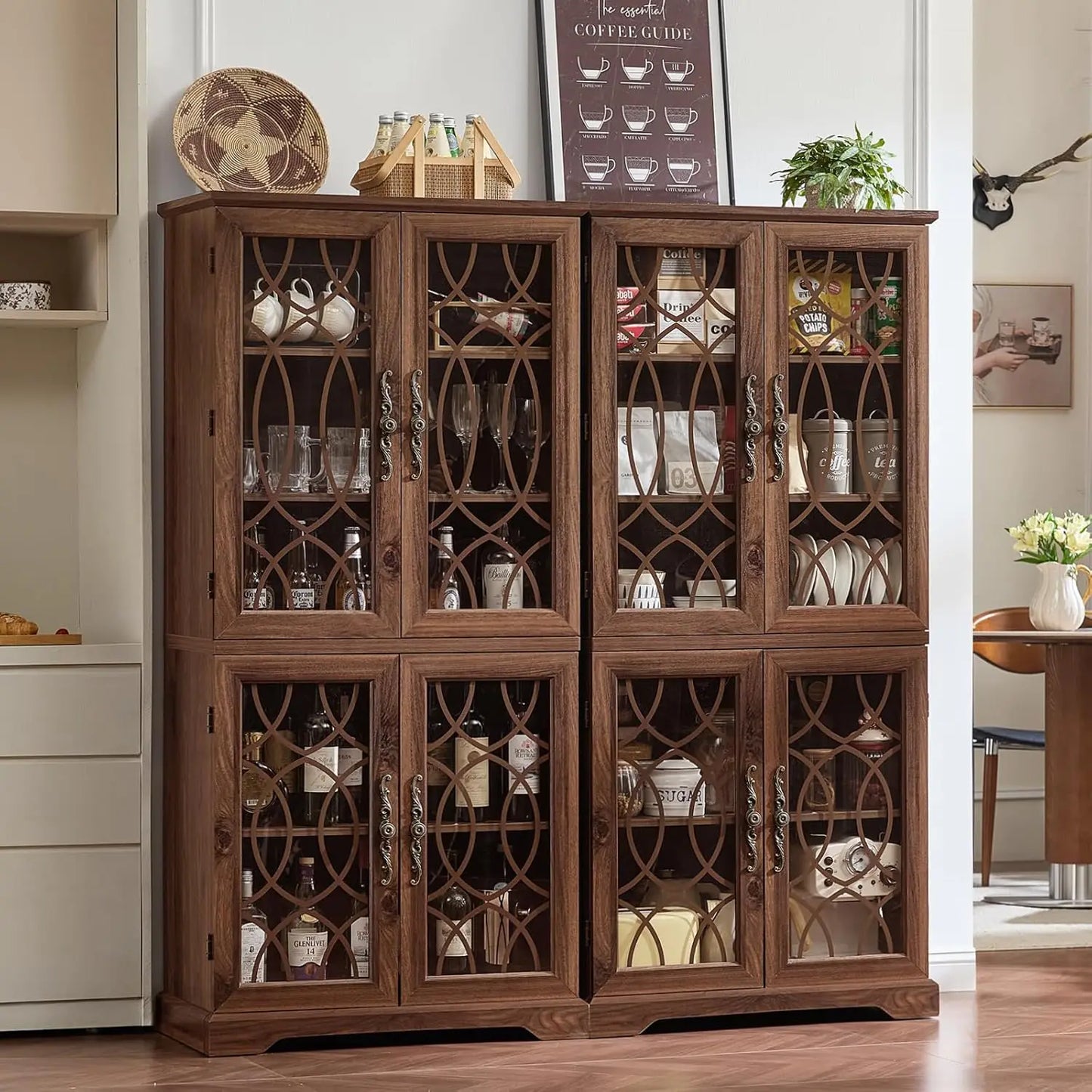 Vintage Wood Pantry Cabinet Set of 2 67 Inch Tall Kitchen Storage with Glass Doors And Adjustable Shelves Customizable