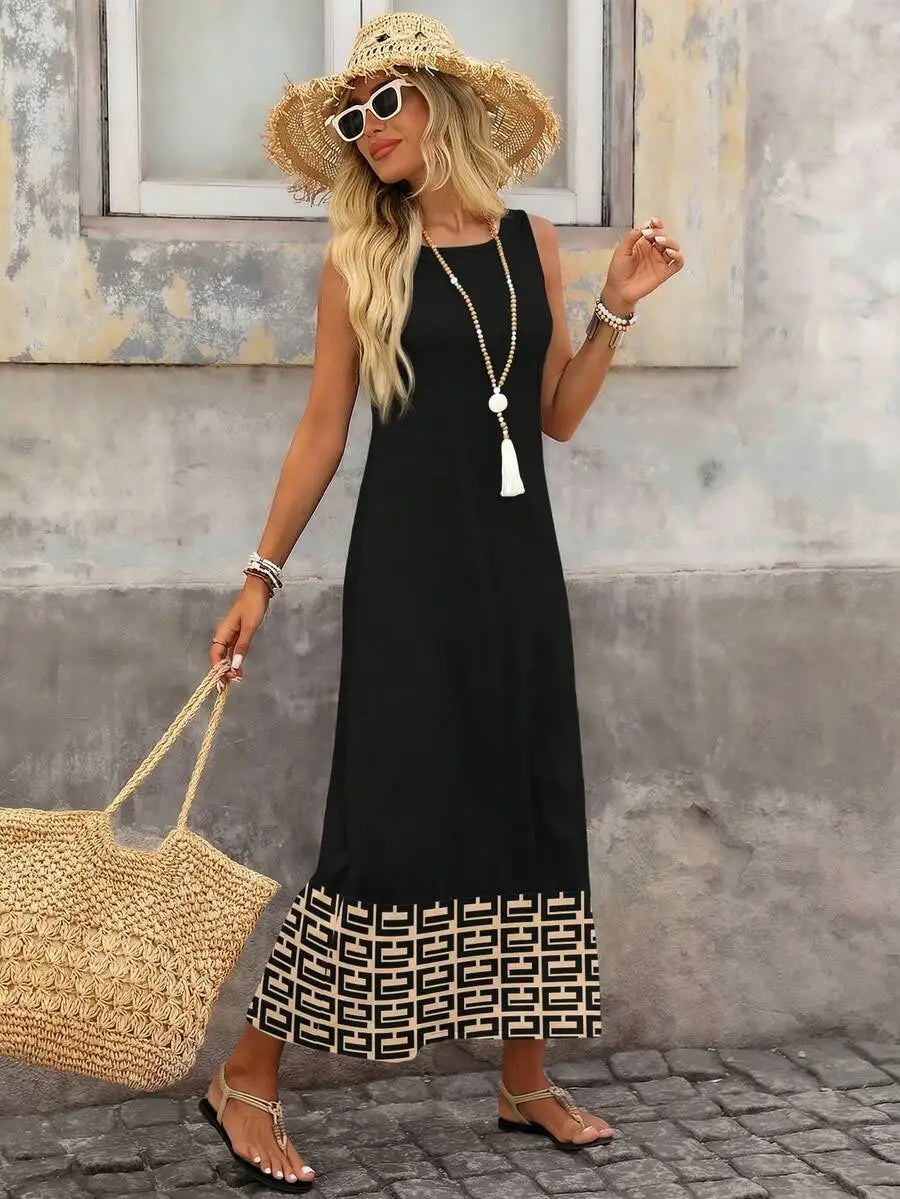 Black Sleeveless Midi Dress with Geometric Print Hem, Loose Fit for Summer Casual Wear