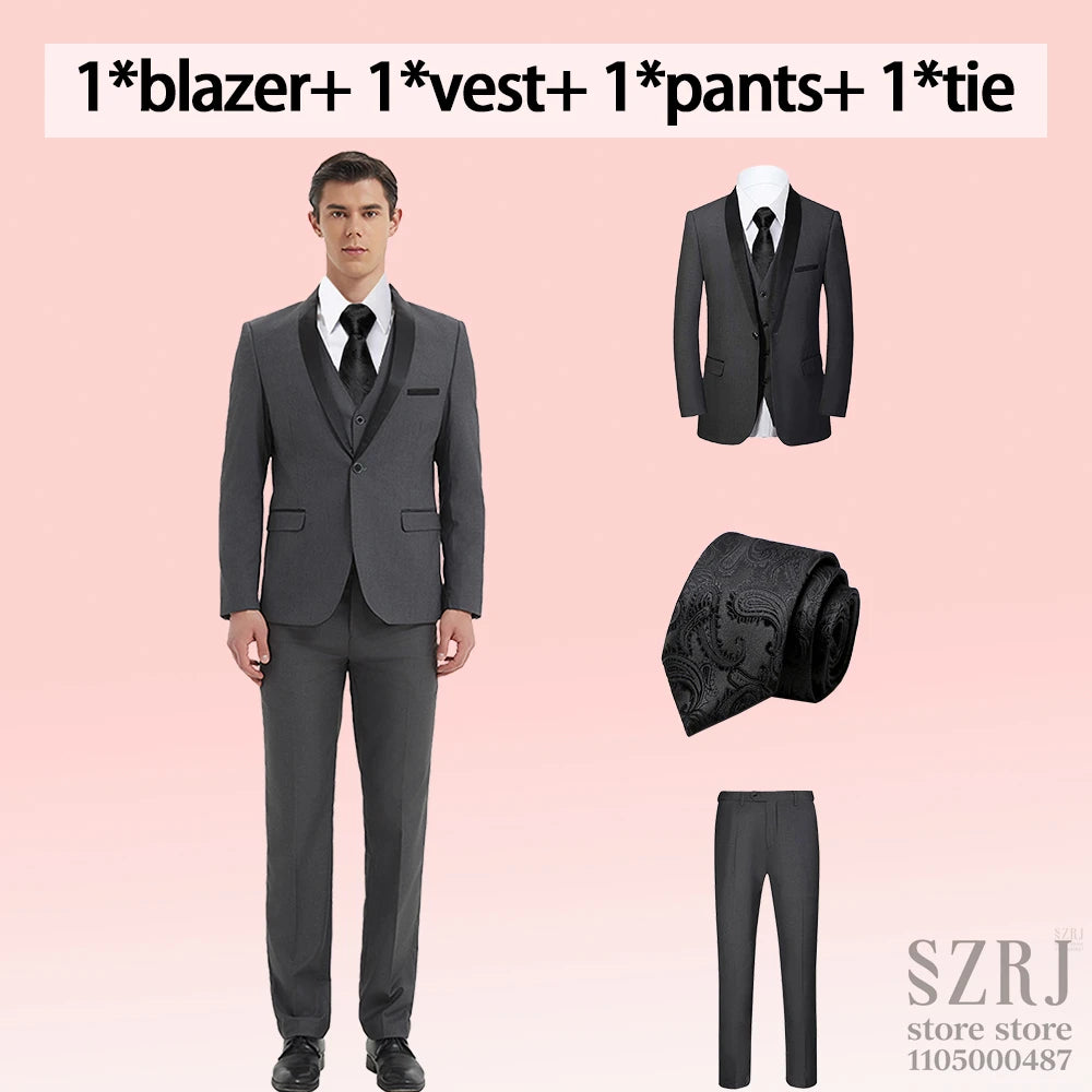4pcs Men's Suit: Blazer, Vest, Pants, Black Tie. One Button, Plain Color Tuxedo. Regular Fit. For Wedding, Groomsman Attire.