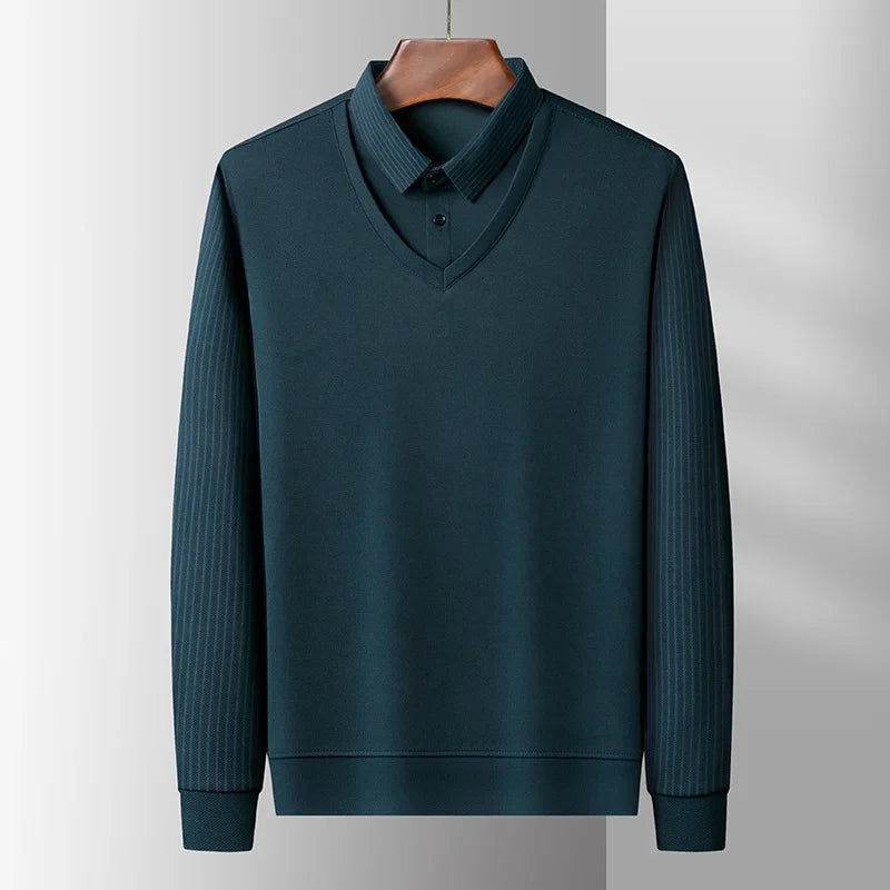 2025 New Men's Casual and Fashionable Long Sleeved Solid Color Fake Two-piece Polo Shirt Business All Season Versatile Top