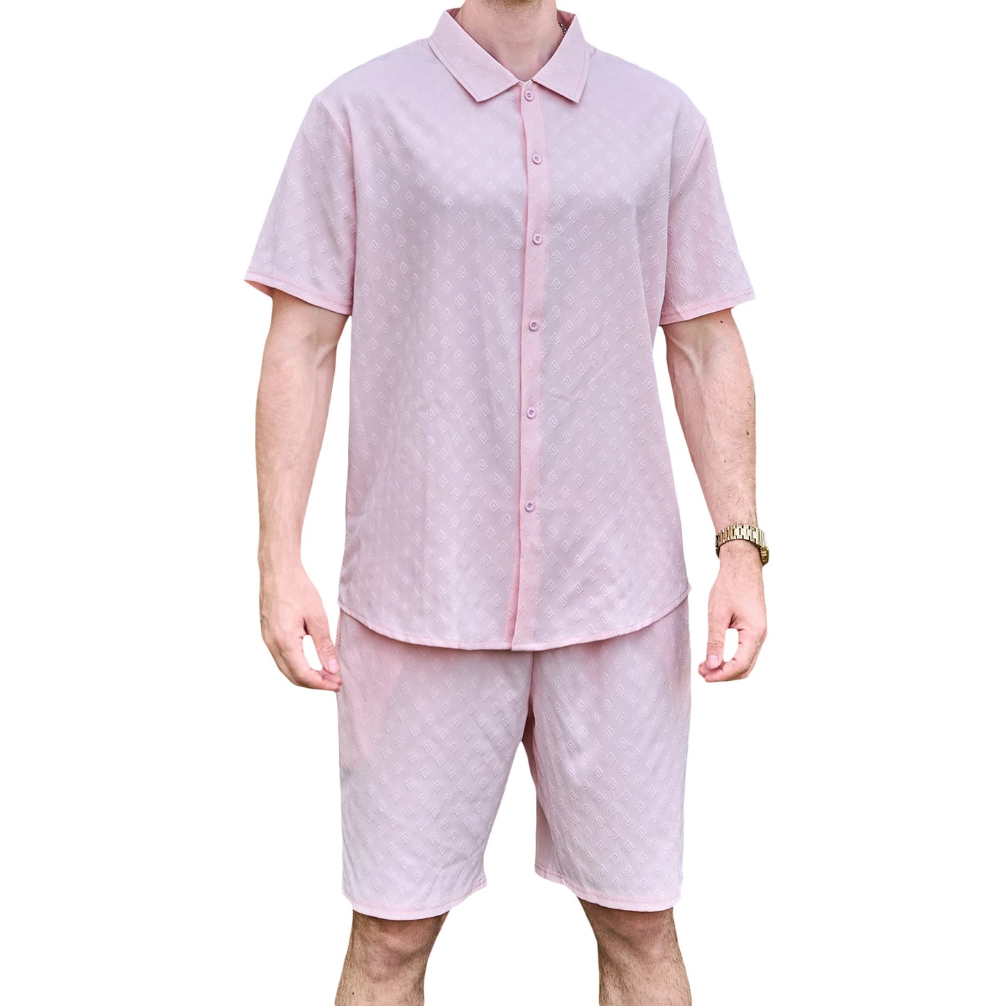 Casual Men s Summer Outfit Stylish Solid Color Jacquard Short Sleeve Shirt and Elastic Beach Shorts for Streetwear Fashion