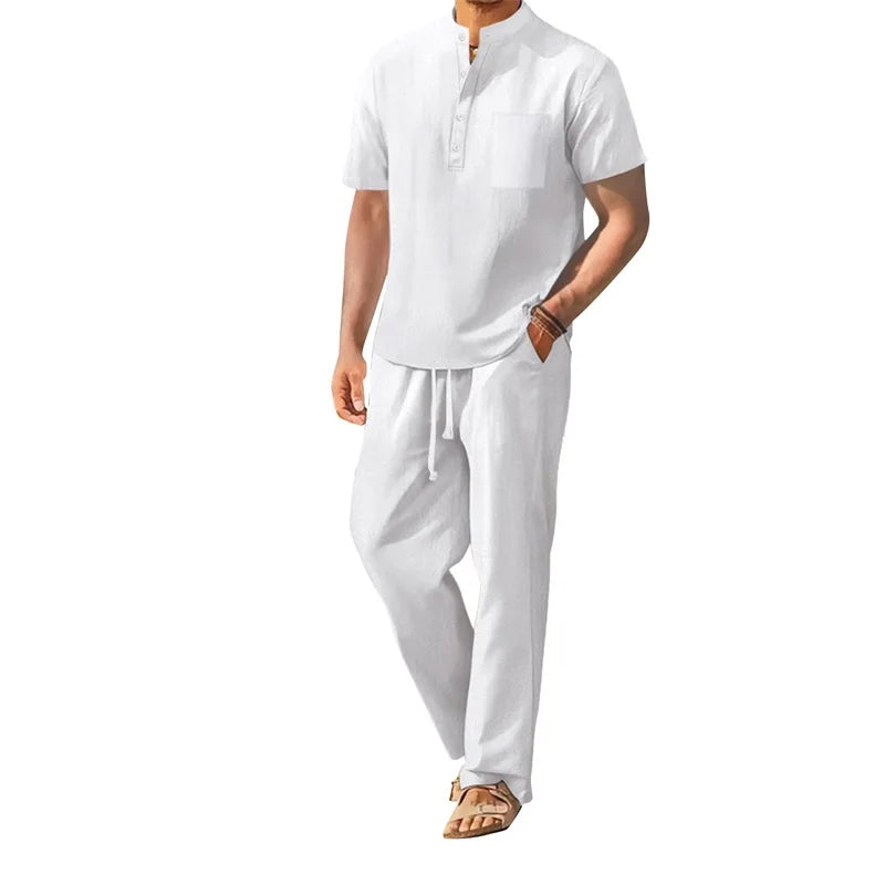 Men s Casual 2 Piece Outfit Short Sleeve Henley Tops with Drawstring Pants Loose Solid Color Set for a Stylish Look