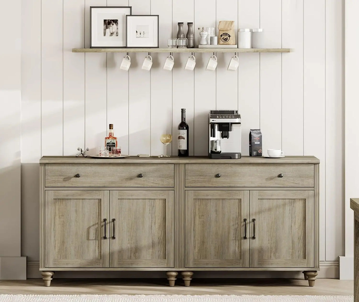 WAMAPT Large Buffet Cabinet with 4 Doors And 2 Drawers Wood Coffee Bar Table Kitchen Storage Cabinet Customized