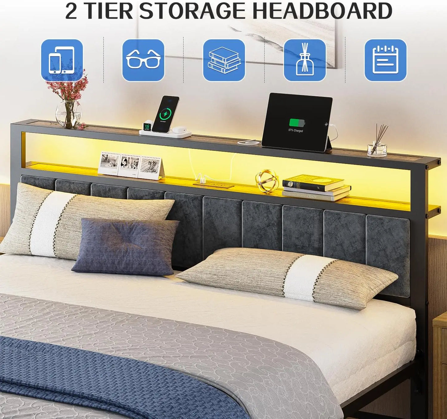LED Platform Bed Frame With Upholstered Headboard, Storage, Charging Station