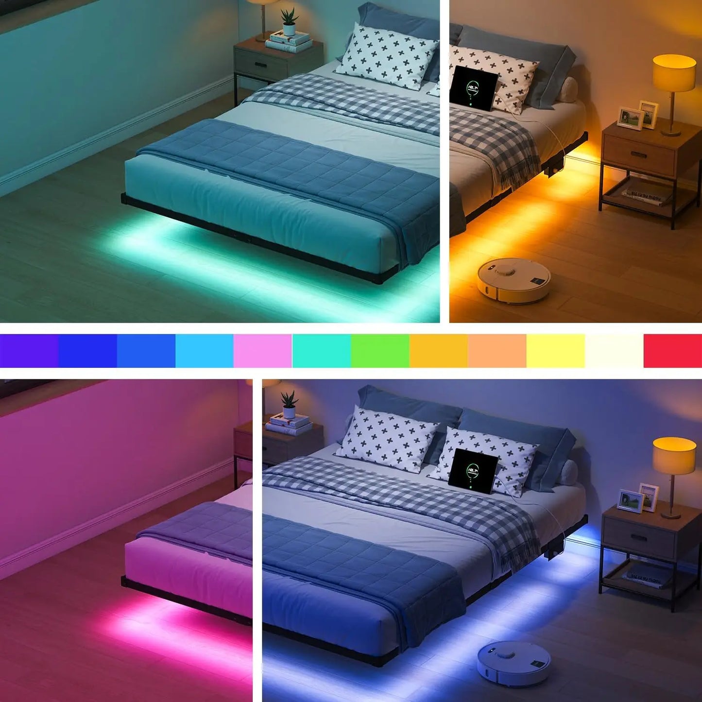 Floating Queen Bed Frame With LED Lights And Charging Station