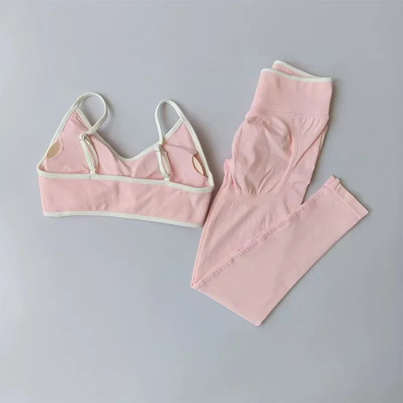 Women's Fitness Suit, Strappy Contrast Color Patchwork Sports Shockproof Slimming Quick-Dry Nude Feel Pants, Yoga Wear