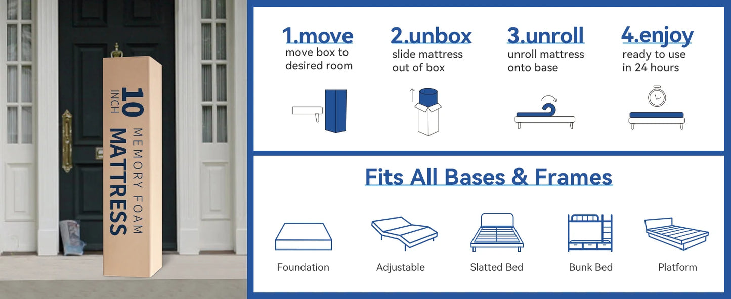 Hcore Extra Firm Memory Foam Mattress 8/10inch Queen Size Mattress with Tencel Cover Firm Mattress for Back Pain