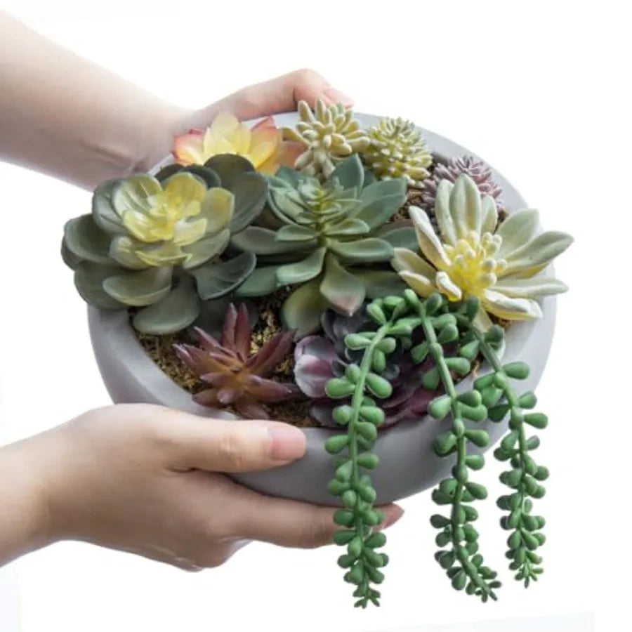 8 Inch Round Modern Artificial Succulent Arrangement Potted in Gray Concrete Plant Bowl Assorted Faux Mini Succulents in a Deco
