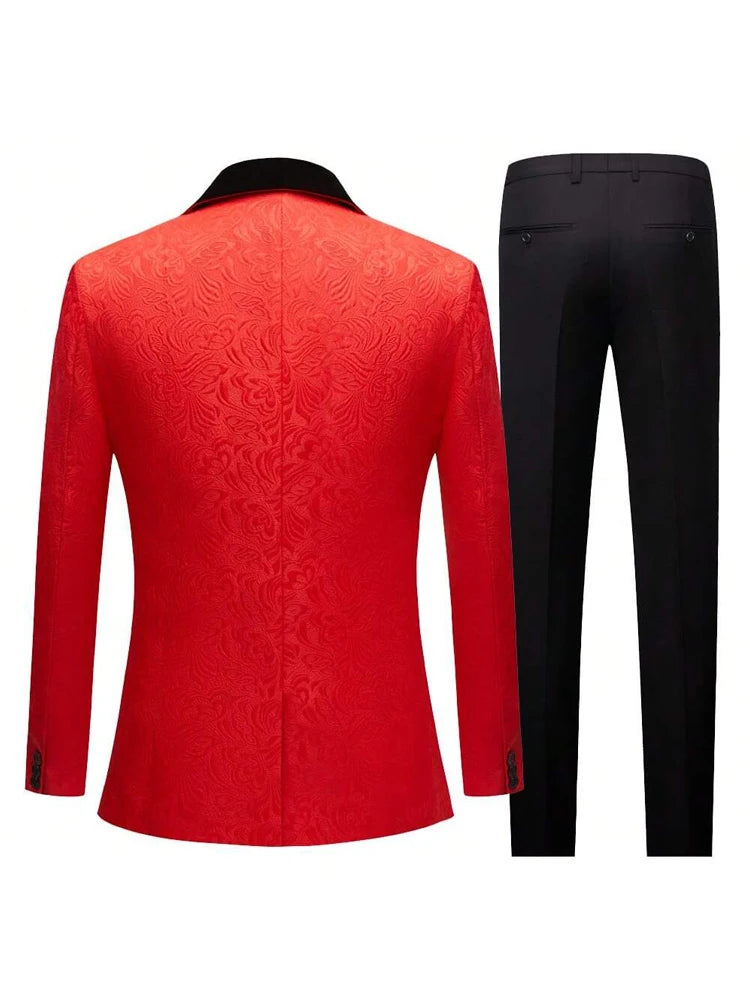 Men's three-piece floral jacquard slim-fitting suit set, including paisley pattern suit jacket, vest, and pants, suitable for ba