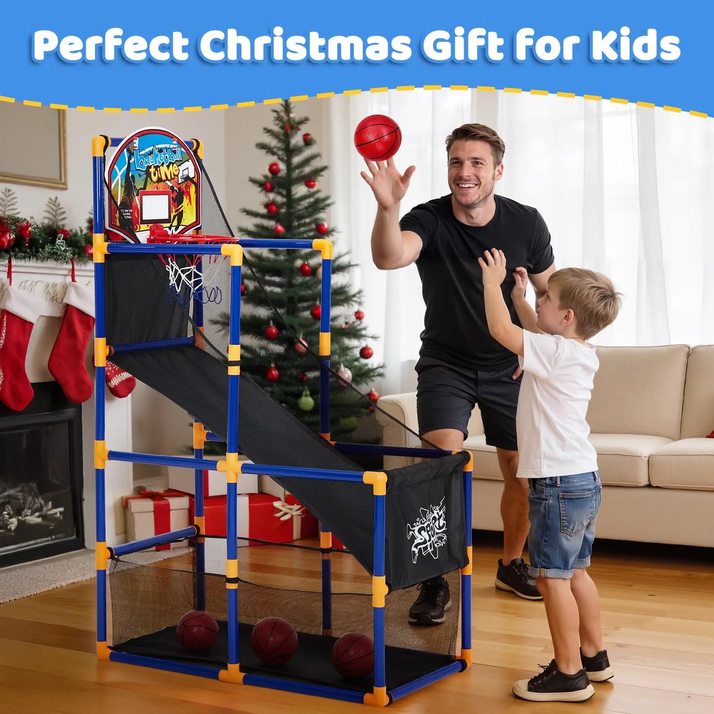 Kids Basketball Arcade Game Set With Ball Return Ramp, Adjustable Indoor Outdoor Hoop Toy With 4 Balls For Boys Girls Age 3-6
