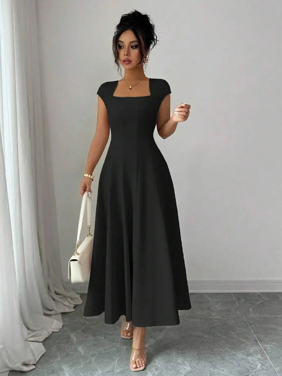 Elegant Square Neck A Line Midi Dress For Spring Summer