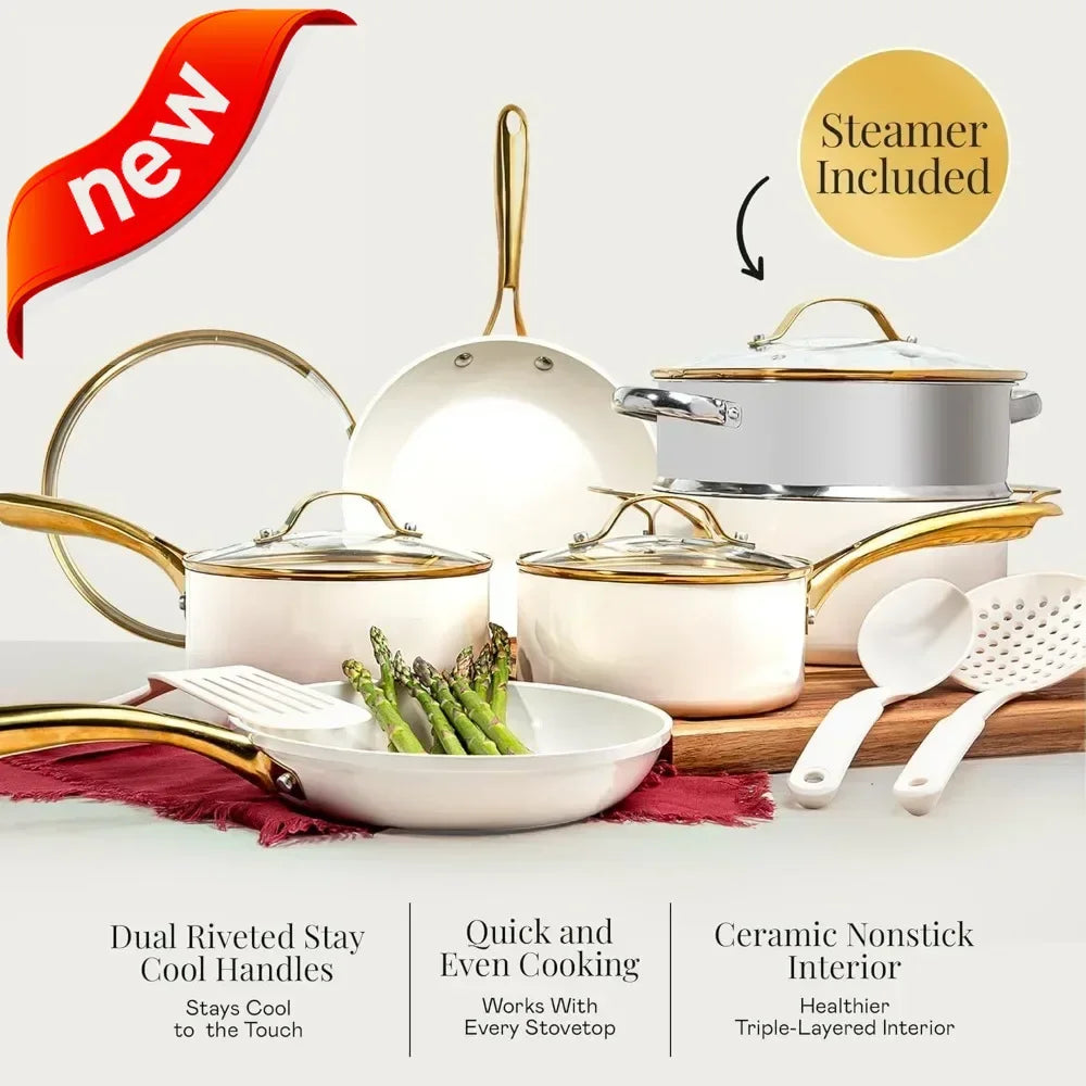 New style 15 Pc Ceramic Cookware Set, Ceramic Pots and Pans Set Non Stick with Cooking Utensils and Steamer, Non Toxic