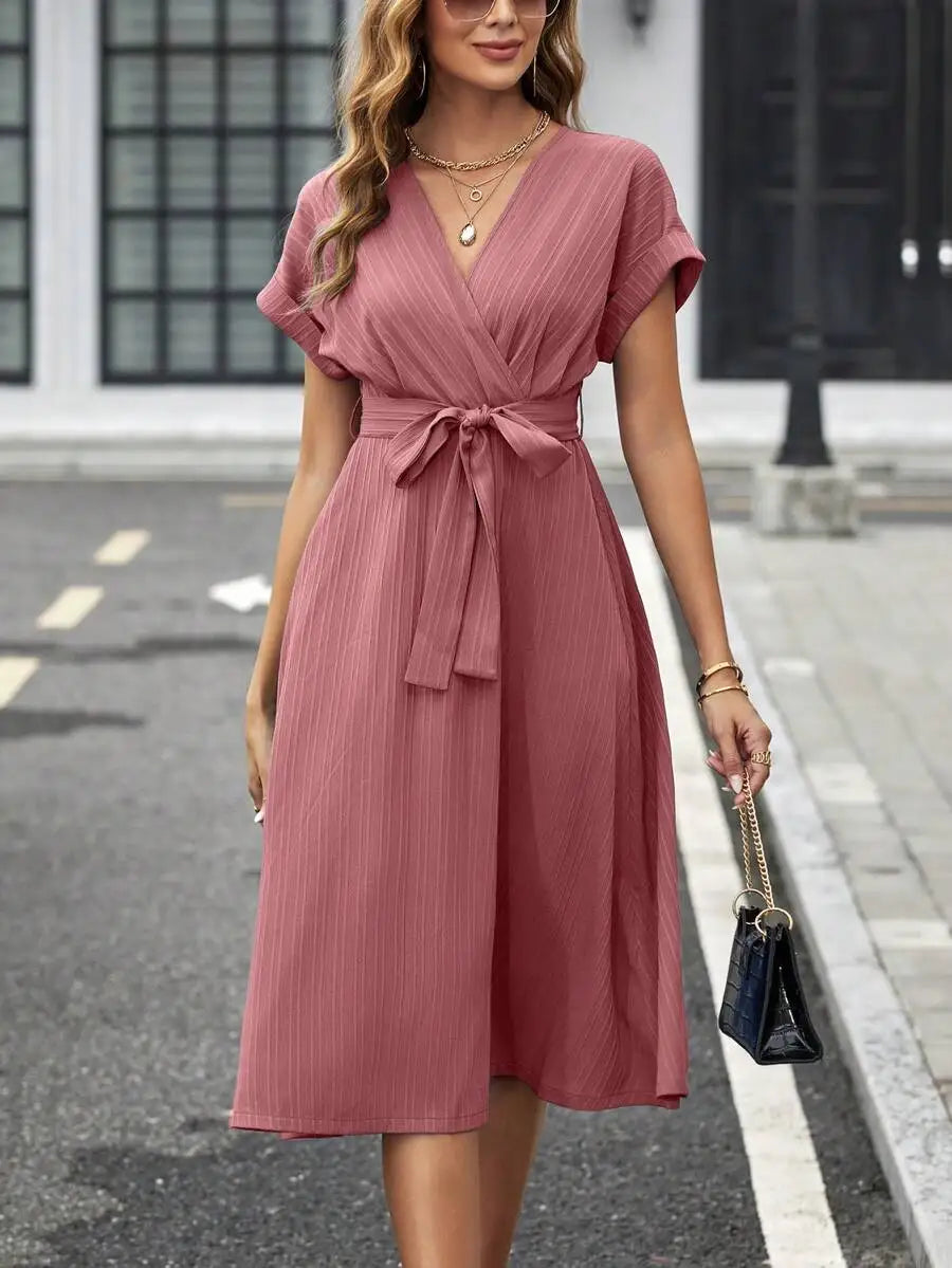 V-Neck Wrap Midi Dress with Self Belt, Short Sleeve, Solid Color, A-Line Fit