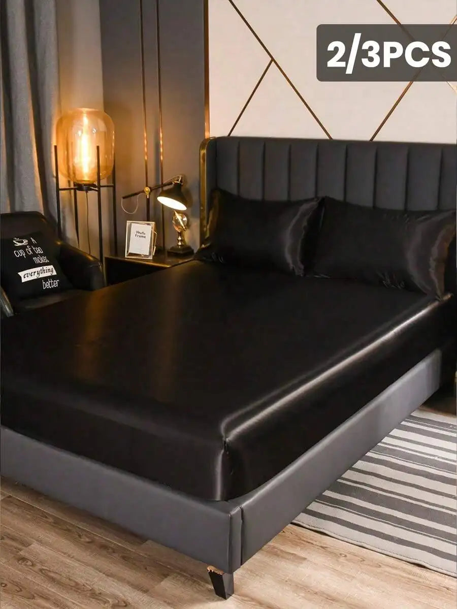 2/3pcs Satin Fitted Sheet Set with Pillowcases, Solid Color, Deep Pocket, Soft & Cool Touch for Queen/King Bed