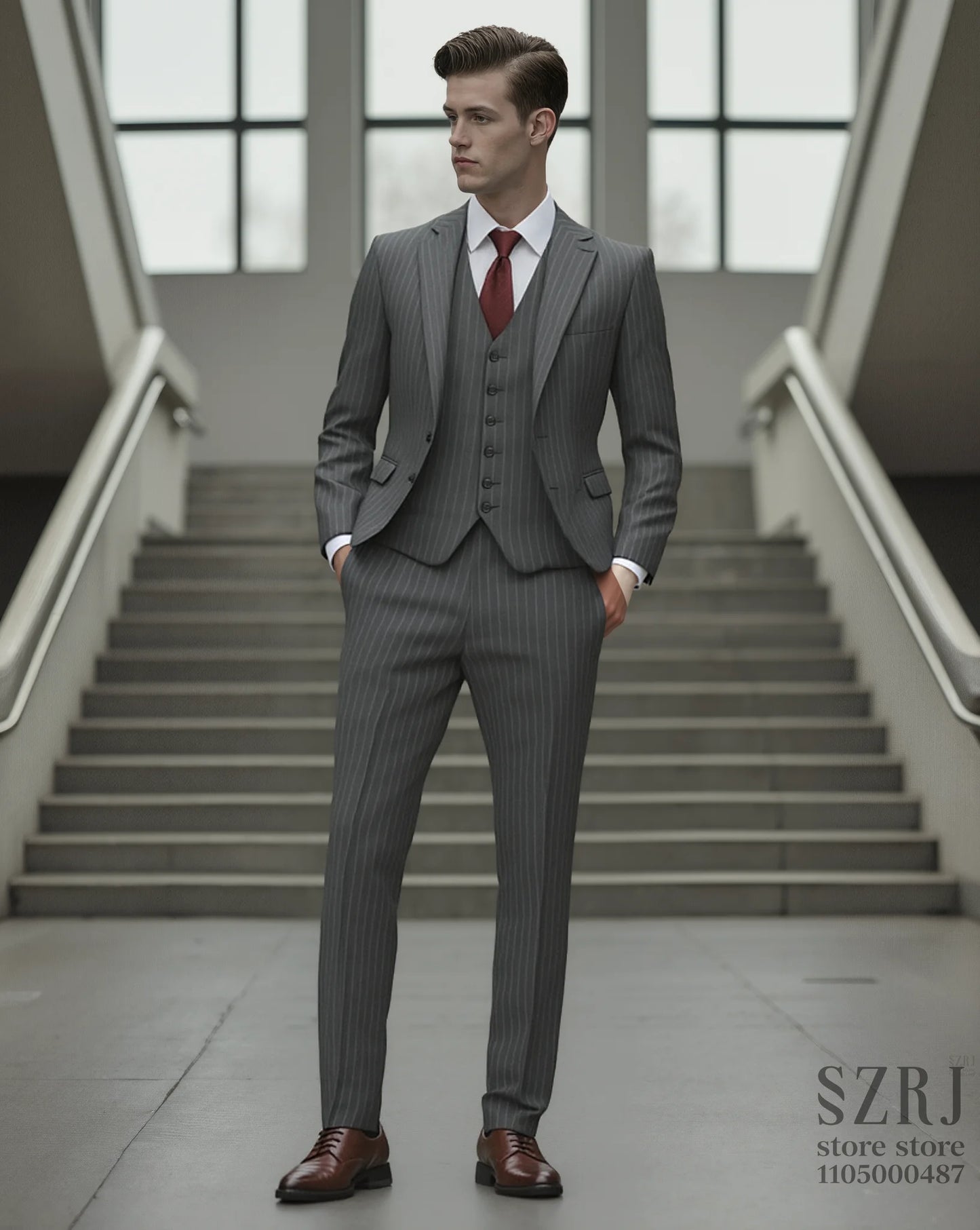 Men's three piece vertical striped gray suit - double button jacket+vest+pants, suitable for wedding/business/daily wear