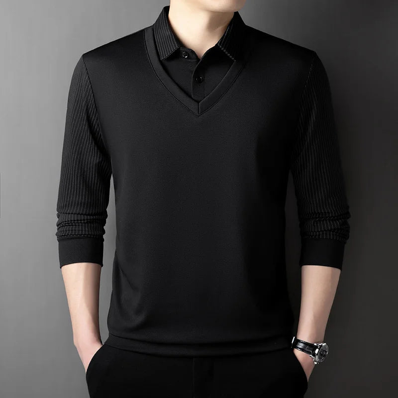 2025 New Men's Casual and Fashionable Long Sleeved Solid Color Fake Two-piece Polo Shirt Business All Season Versatile Top