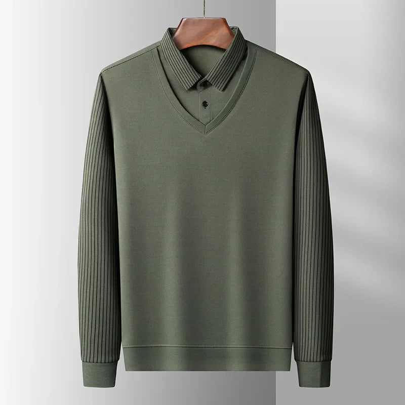 2025 New Men's Casual and Fashionable Long Sleeved Solid Color Fake Two-piece Polo Shirt Business All Season Versatile Top