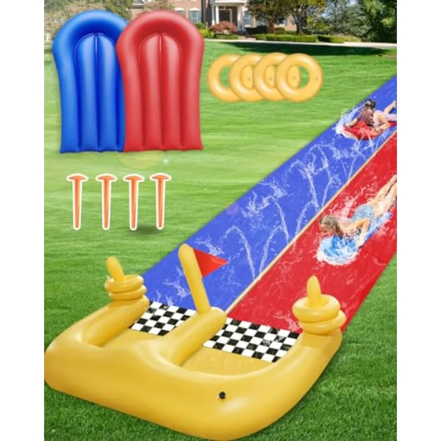 30×5.6FT Lawn Water Slide and 2 InflatableBoards 4 Ring Toss Extra Long Double Lawn Splash Mat Pad with Sprinkler for Adults Ba