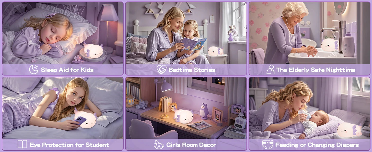 Night Light for Kids,Cute Purple Axolotl Lamp ,LED Squishy Nursery Nightlight,  Soft Silicone Novelty Animal Bedside Lamp
