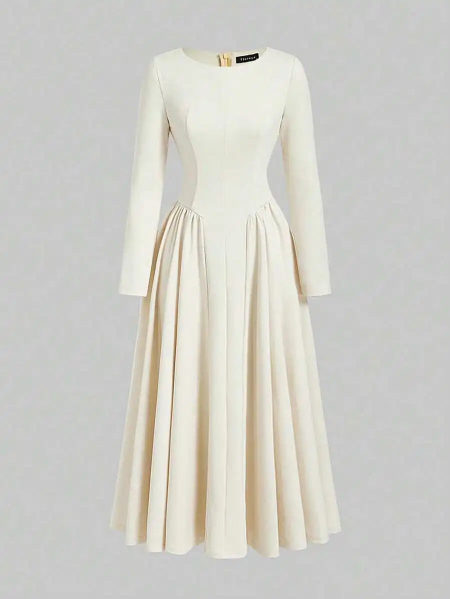 Elegant Pleated Maxi Dress With Long Sleeves And A-Line Skirt