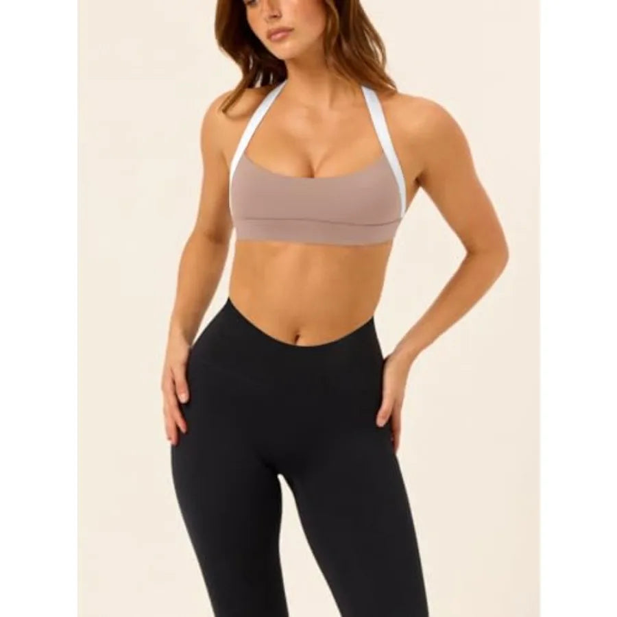 LASLULU Halter Sports Bras for Women Scoop Neck Workout Tops Padded Sleeveless Open Back Yoga Crop Gym Tank Tops