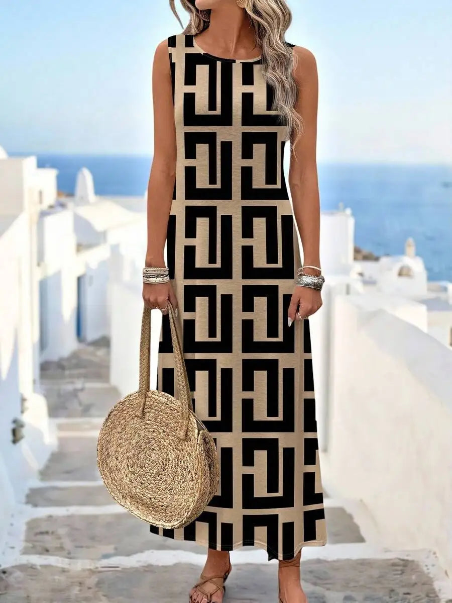 Black Sleeveless Midi Dress with Geometric Print Hem, Loose Fit for Summer Casual Wear