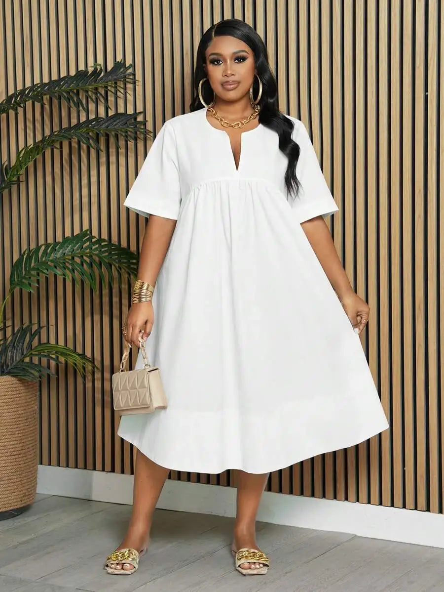 White Plus Size A-Line Knee Length Dress with Notch Neck and Short Sleeves