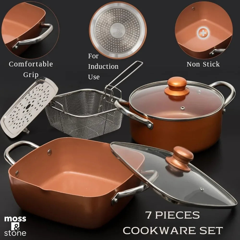 7 Pcs Copper Pots And Pans Set, Copper Chef Cookware Non Stick