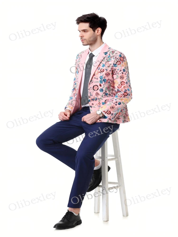 Customized Sequined Men's 2 piece suit High Quality One button Slim Fit Pink Tuxedos Suitable Weddings Groom Business Dinner