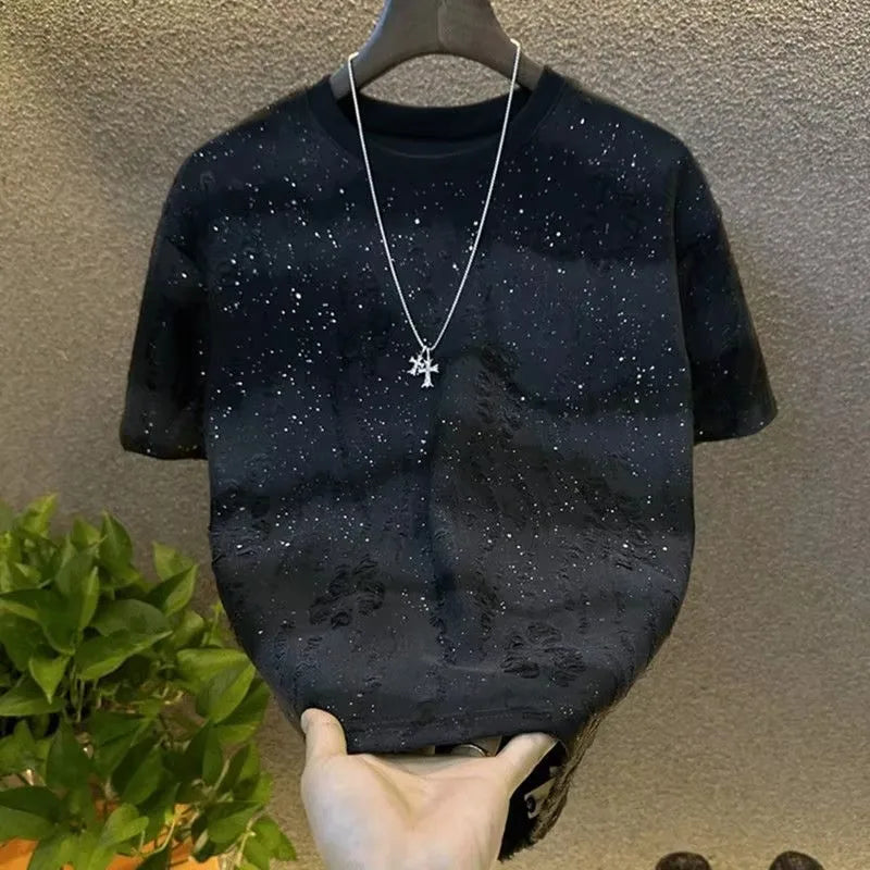 Mens Rhinestone Rivet Round Neck Short Sleeve Tee Casual