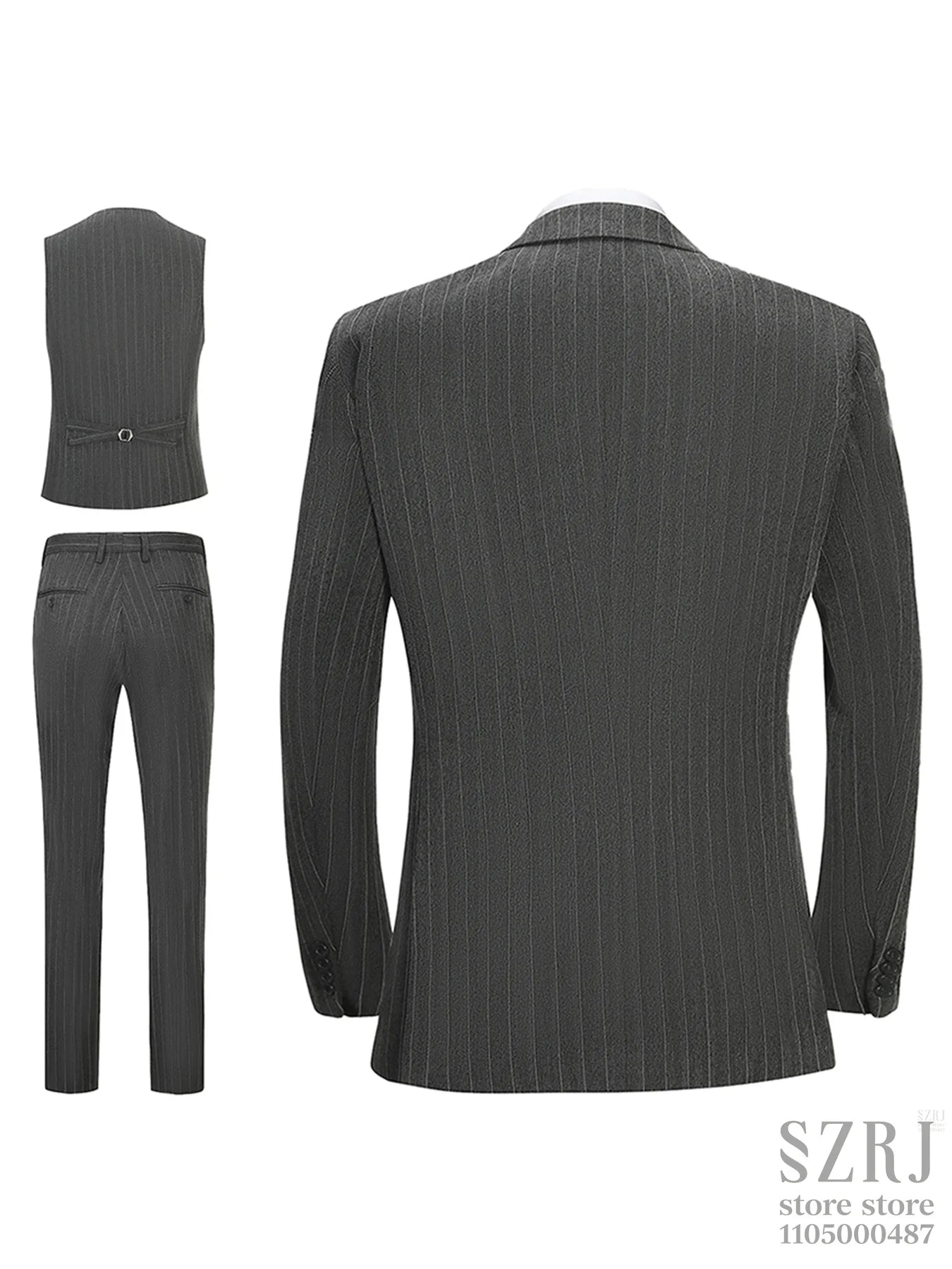 Men's three piece vertical striped gray suit - double button jacket+vest+pants, suitable for wedding/business/daily wear