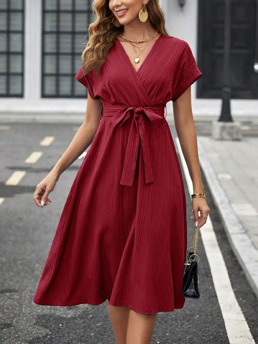 V-Neck Wrap Midi Dress with Self Belt, Short Sleeve, Solid Color, A-Line Fit
