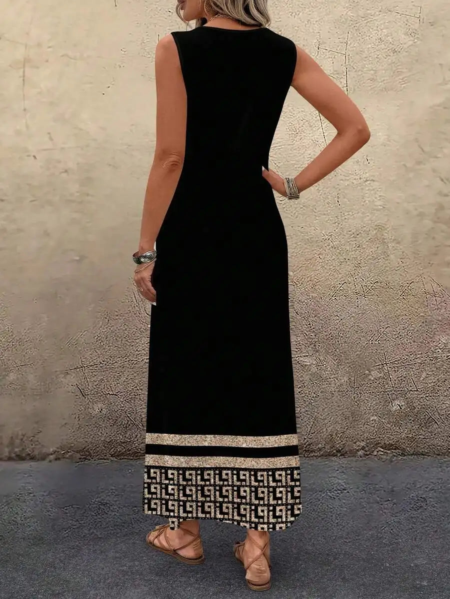 Black Sleeveless Midi Dress with Geometric Print Hem, Loose Fit for Summer Casual Wear