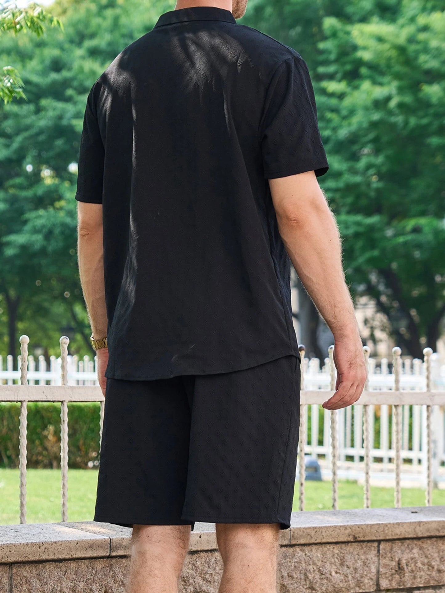 Casual Men s Summer Outfit Stylish Solid Color Jacquard Short Sleeve Shirt and Elastic Beach Shorts for Streetwear Fashion