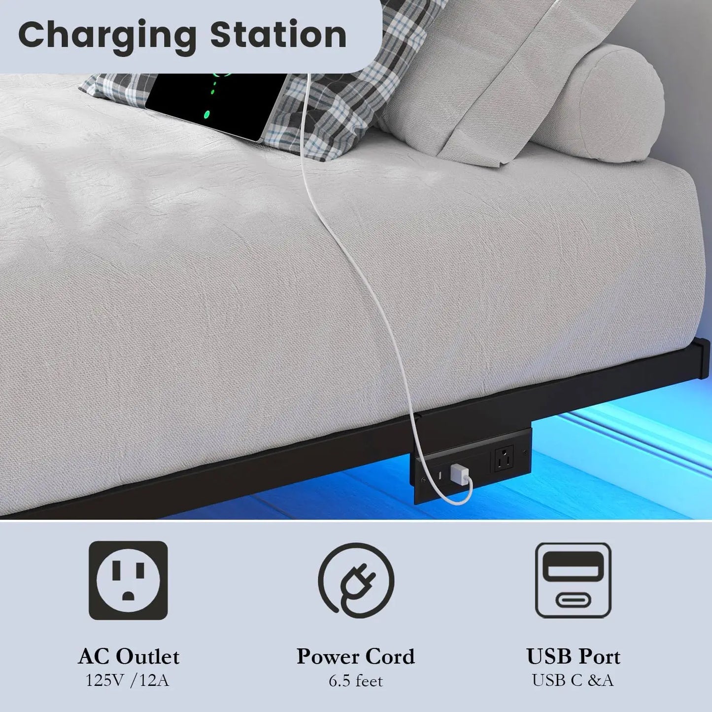 Floating Queen Bed Frame With LED Lights And Charging Station