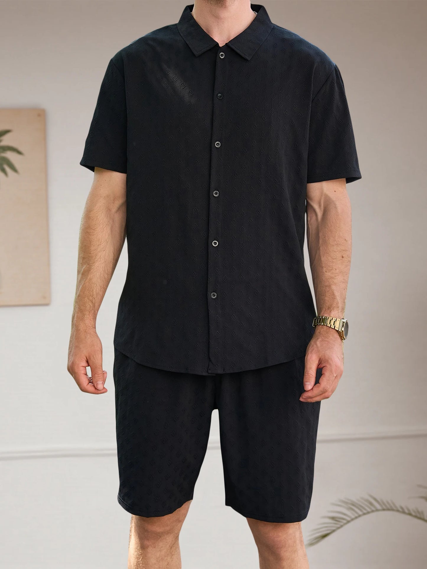 Casual Men s Summer Outfit Stylish Solid Color Jacquard Short Sleeve Shirt and Elastic Beach Shorts for Streetwear Fashion
