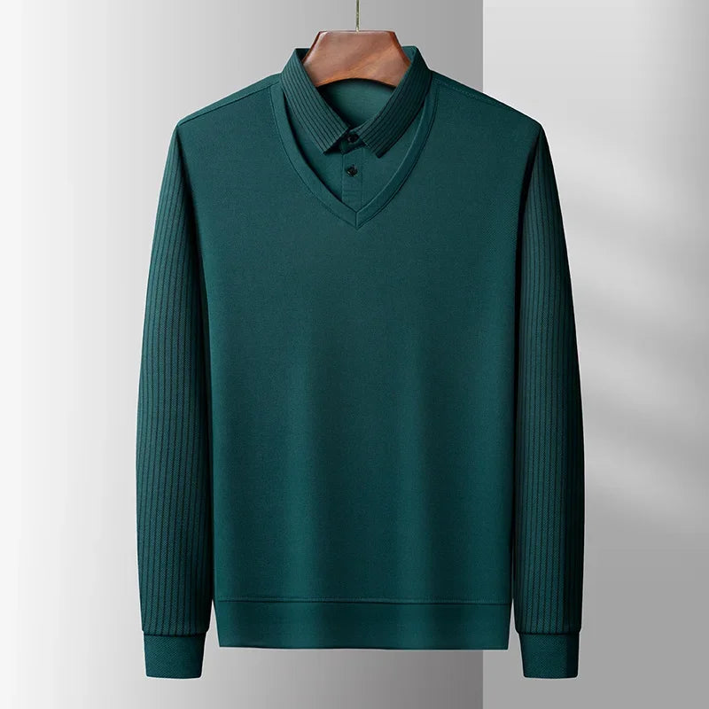 2025 New Men's Casual and Fashionable Long Sleeved Solid Color Fake Two-piece Polo Shirt Business All Season Versatile Top