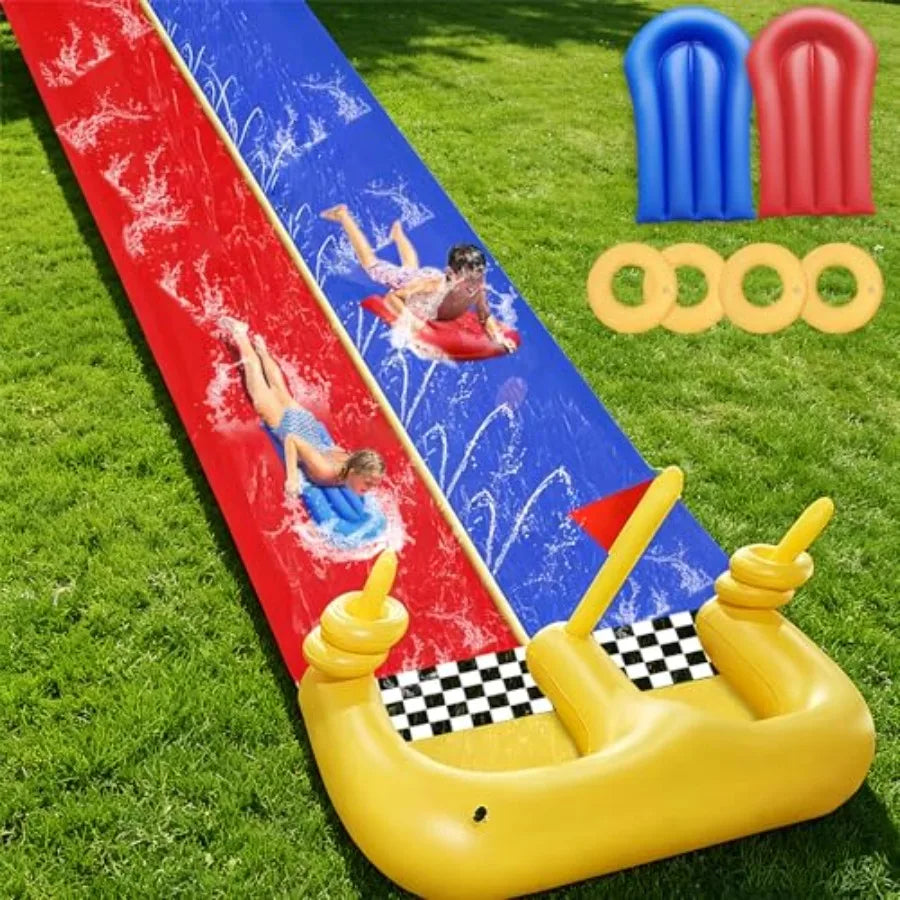 30×5.6FT Lawn Water Slide and 2 InflatableBoards 4 Ring Toss Extra Long Double Lawn Splash Mat Pad with Sprinkler for Adults Ba