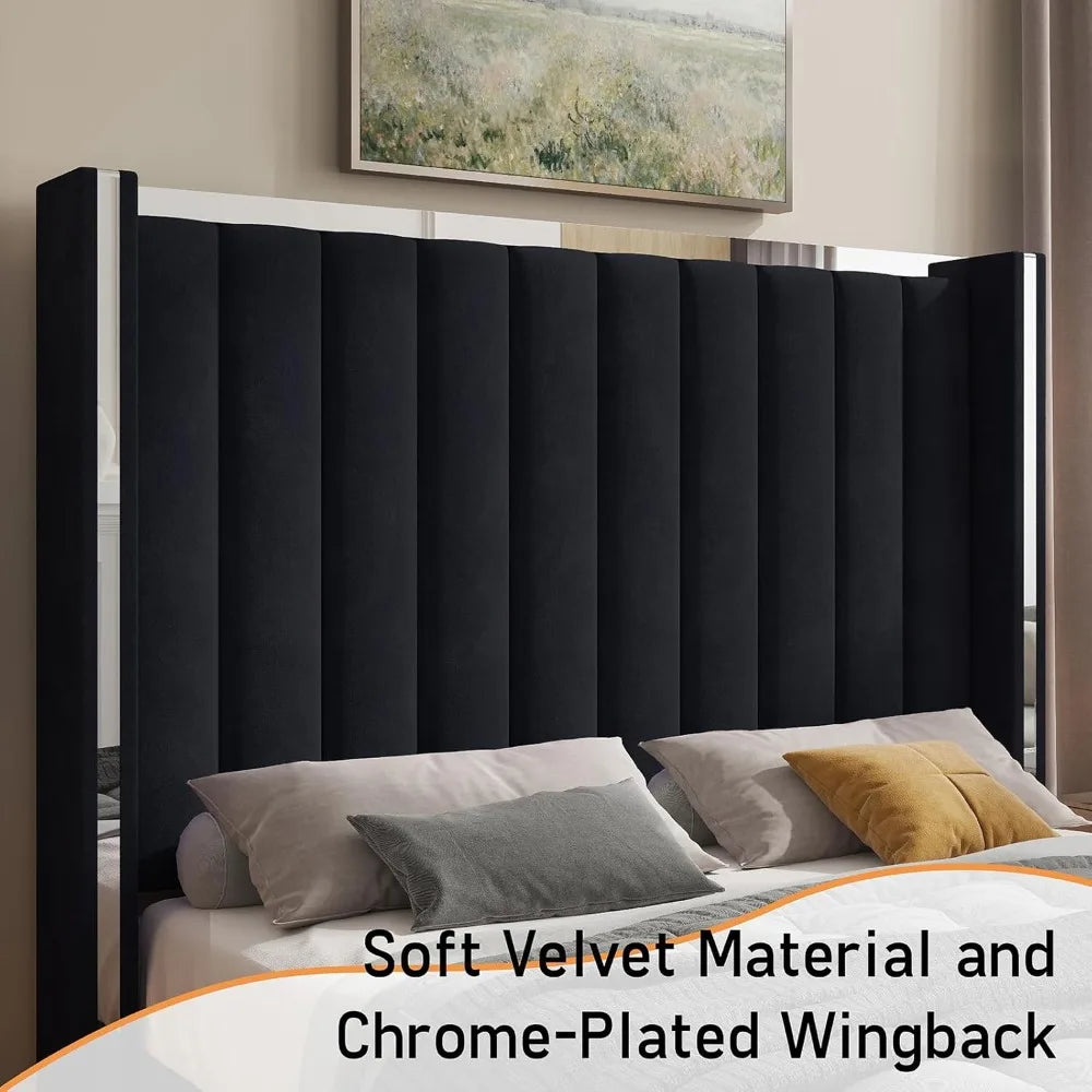 Velvet Upholstered Platform Bed Frame With Chrome Accents