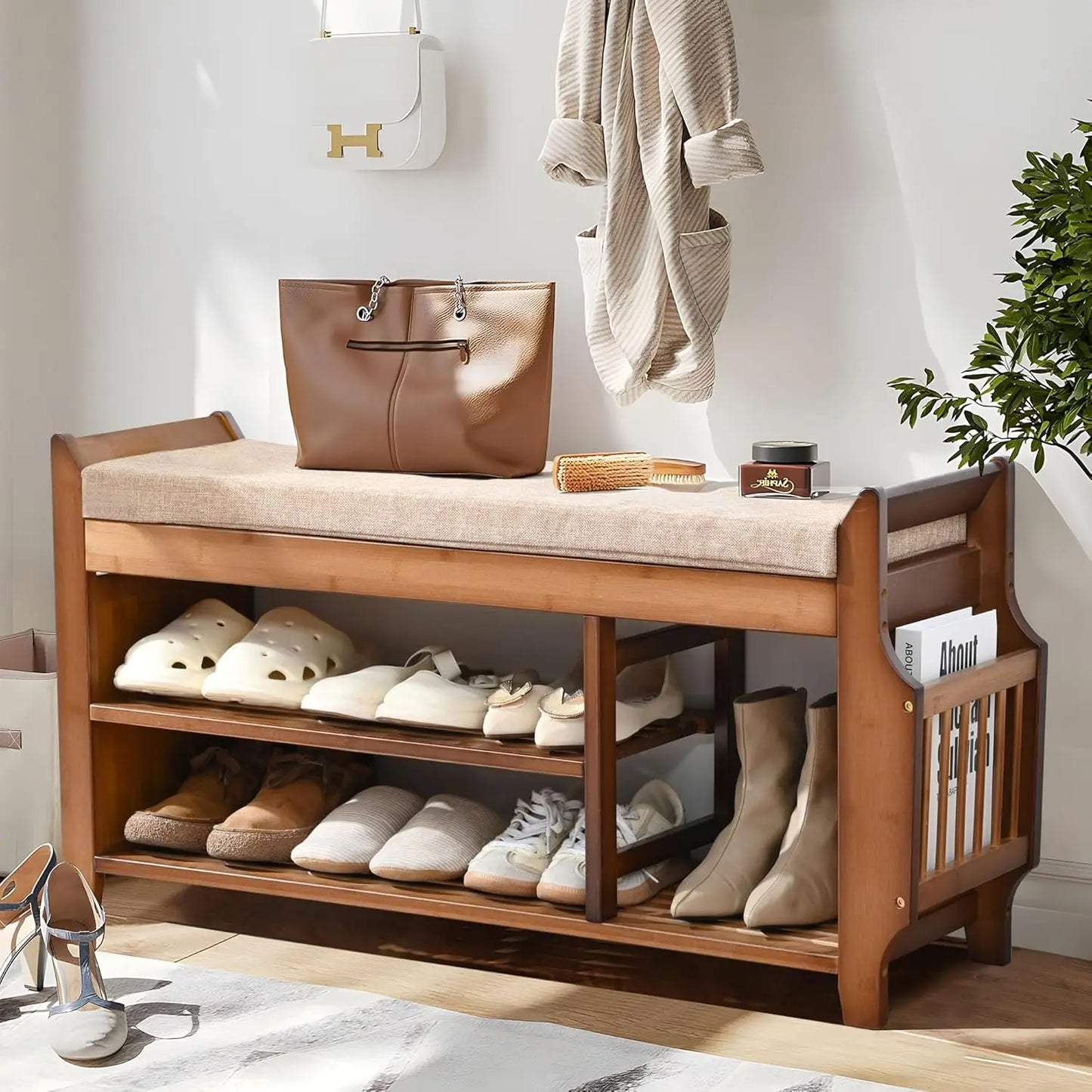 2-Tier Bamboo Shoe Bench with Hidden Drawer, Side Holder, and Cushion for Entryway Storage