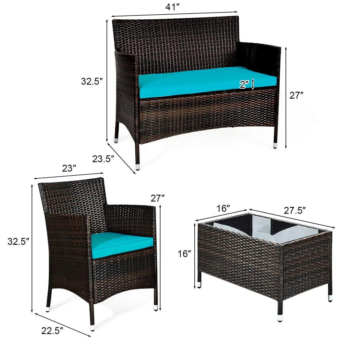 4-Piece Rattan Patio Set, Outdoor/Indoor Wicker Conversation Set for Pool, Backyard, Lawn, Wicker Chairs and Sofa, Customized