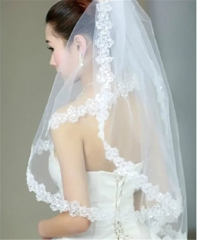White Sequins Edge Tulle Bridal Wedding Veils One Tier Beaded 120cm Bride Accessory 2024