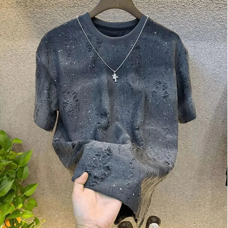Mens Rhinestone Rivet Round Neck Short Sleeve Tee Casual