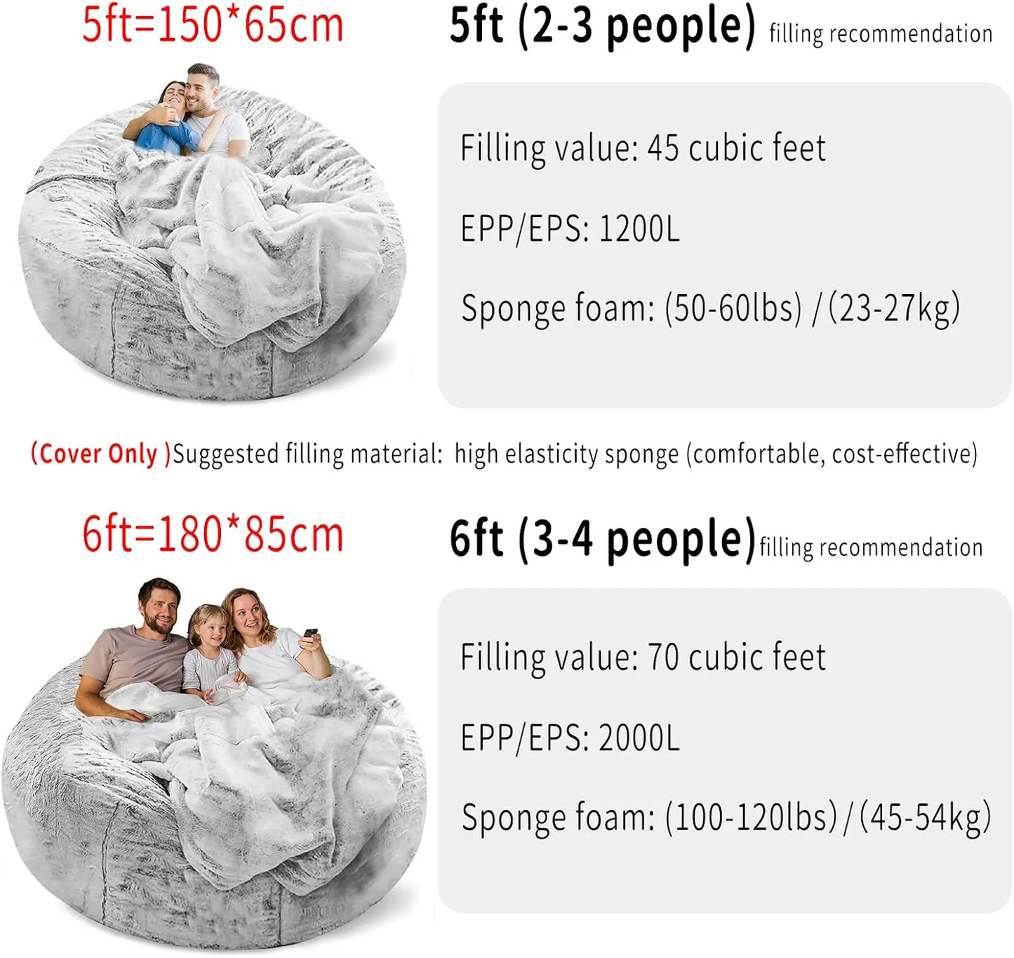 Big Round Soft Fluffy PV Velvet Washable Bean Bag Chair Cover Without Filler, Lazy Sofa Bed for Adults, Dark Grey
