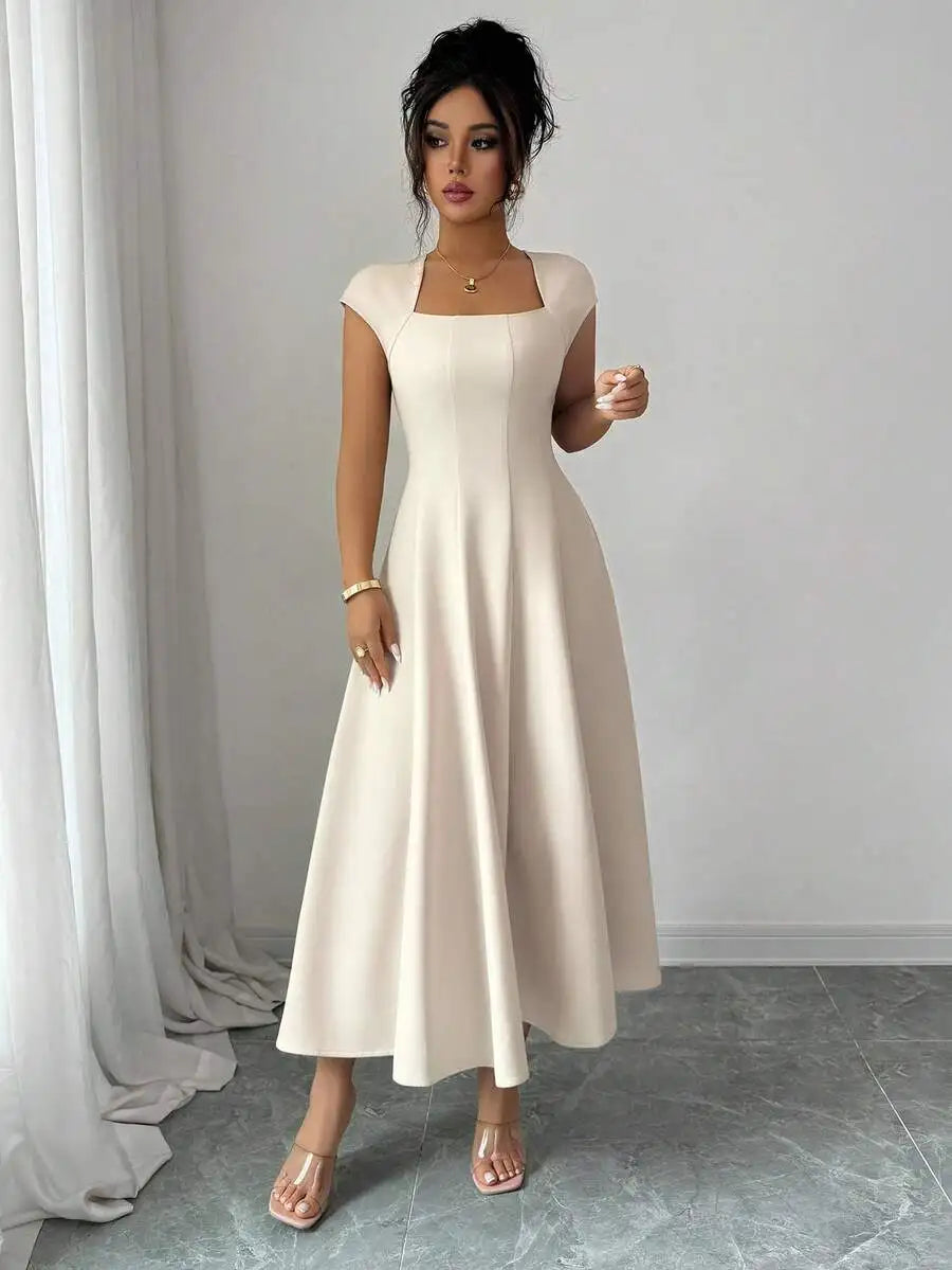Elegant Square Neck A Line Midi Dress For Spring Summer