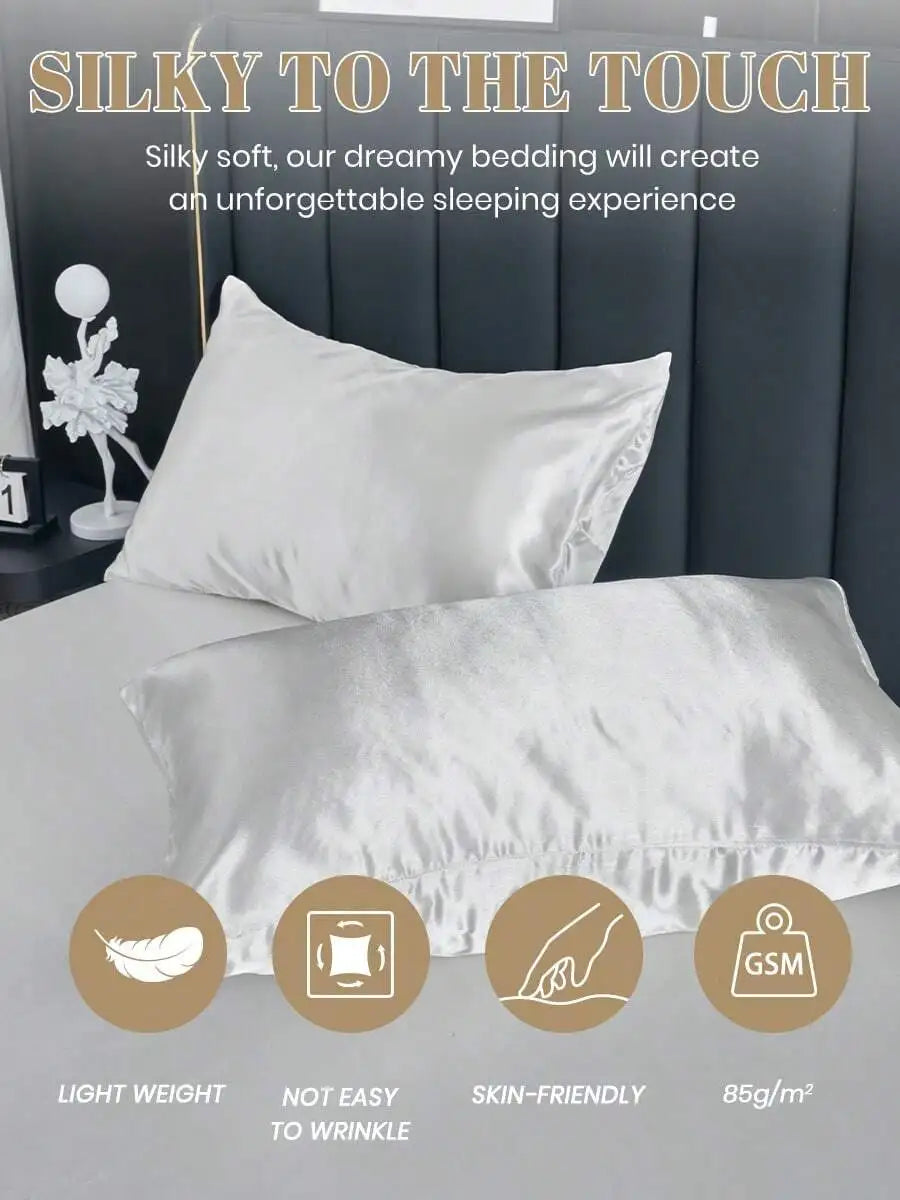 2/3pcs Satin Fitted Sheet Set with Pillowcases, Solid Color, Deep Pocket, Soft & Cool Touch for Queen/King Bed