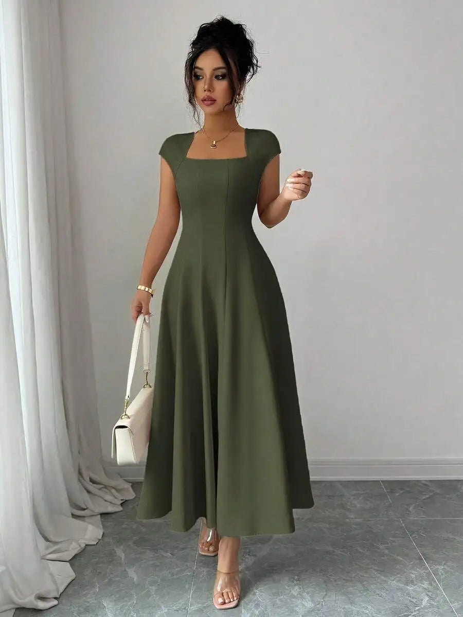 Elegant Square Neck A Line Midi Dress For Spring Summer